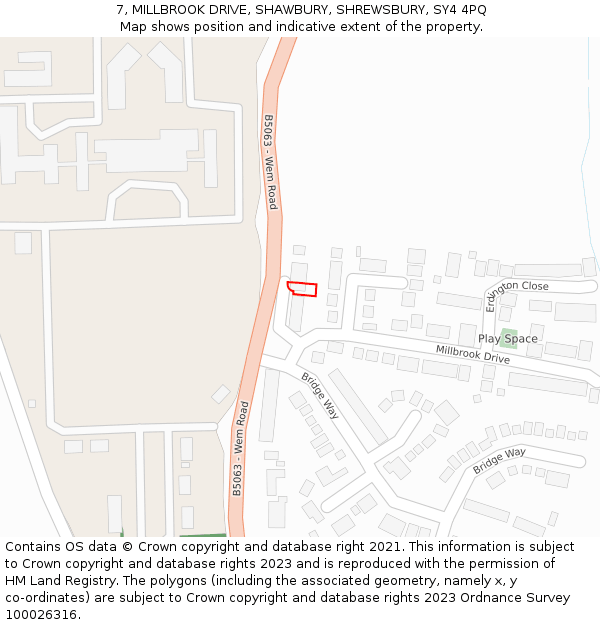 7, MILLBROOK DRIVE, SHAWBURY, SHREWSBURY, SY4 4PQ: Location map and indicative extent of plot
