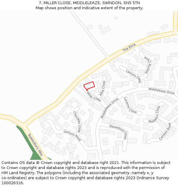 7, MILLER CLOSE, MIDDLELEAZE, SWINDON, SN5 5TN: Location map and indicative extent of plot