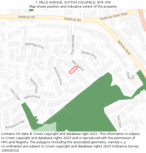 7, MILLS AVENUE, SUTTON COLDFIELD, B76 1FW: Location map and indicative extent of plot