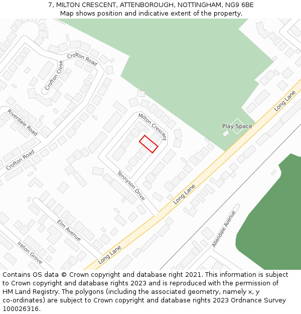 7, MILTON CRESCENT, ATTENBOROUGH, NOTTINGHAM, NG9 6BE: Location map and indicative extent of plot