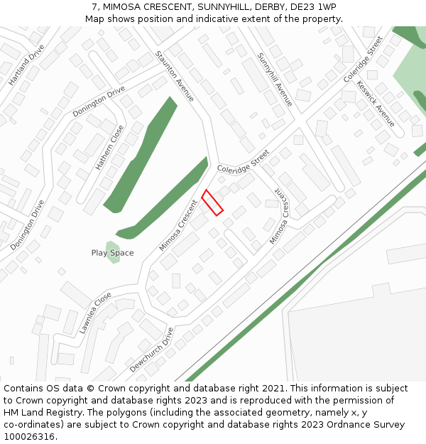 7, MIMOSA CRESCENT, SUNNYHILL, DERBY, DE23 1WP: Location map and indicative extent of plot