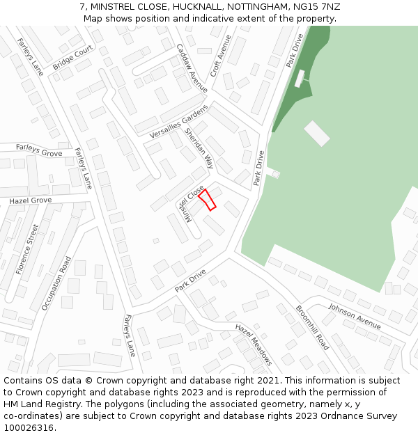 7, MINSTREL CLOSE, HUCKNALL, NOTTINGHAM, NG15 7NZ: Location map and indicative extent of plot