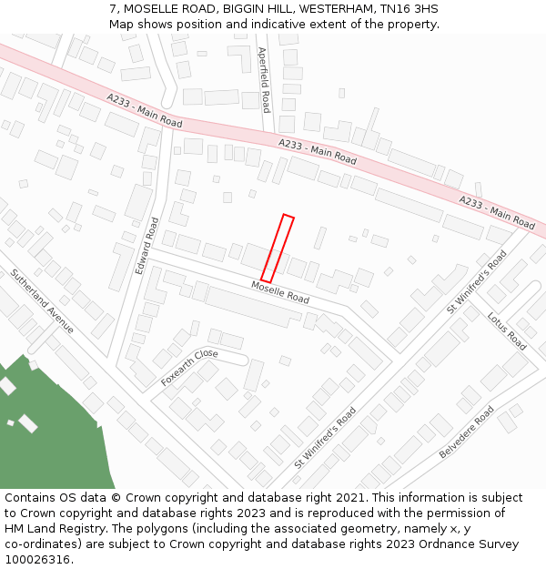 7, MOSELLE ROAD, BIGGIN HILL, WESTERHAM, TN16 3HS: Location map and indicative extent of plot