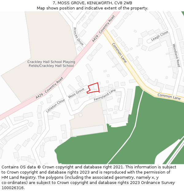 7, MOSS GROVE, KENILWORTH, CV8 2WB: Location map and indicative extent of plot