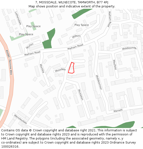 7, MOSSDALE, WILNECOTE, TAMWORTH, B77 4PJ: Location map and indicative extent of plot