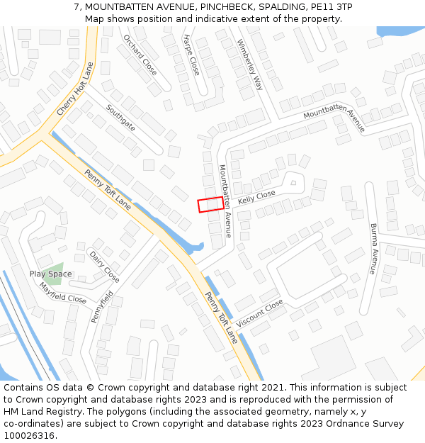 7, MOUNTBATTEN AVENUE, PINCHBECK, SPALDING, PE11 3TP: Location map and indicative extent of plot