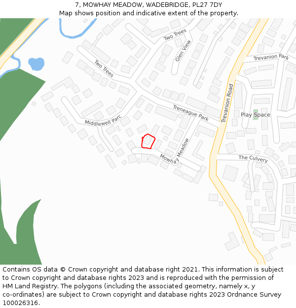 7, MOWHAY MEADOW, WADEBRIDGE, PL27 7DY: Location map and indicative extent of plot