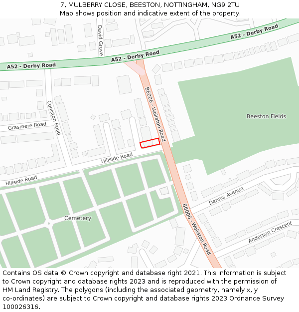 7, MULBERRY CLOSE, BEESTON, NOTTINGHAM, NG9 2TU: Location map and indicative extent of plot
