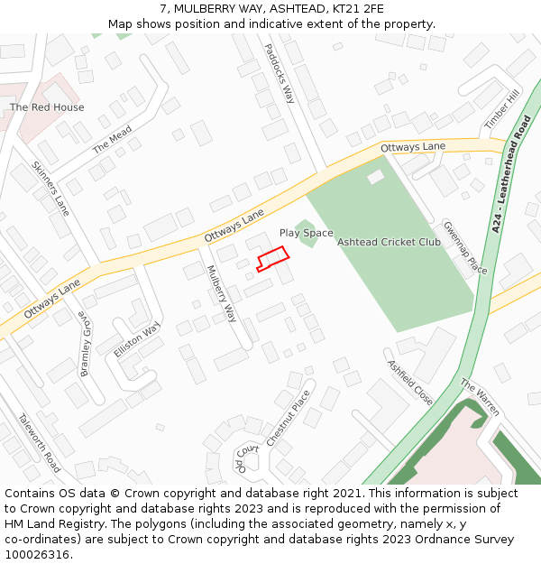 7, MULBERRY WAY, ASHTEAD, KT21 2FE: Location map and indicative extent of plot