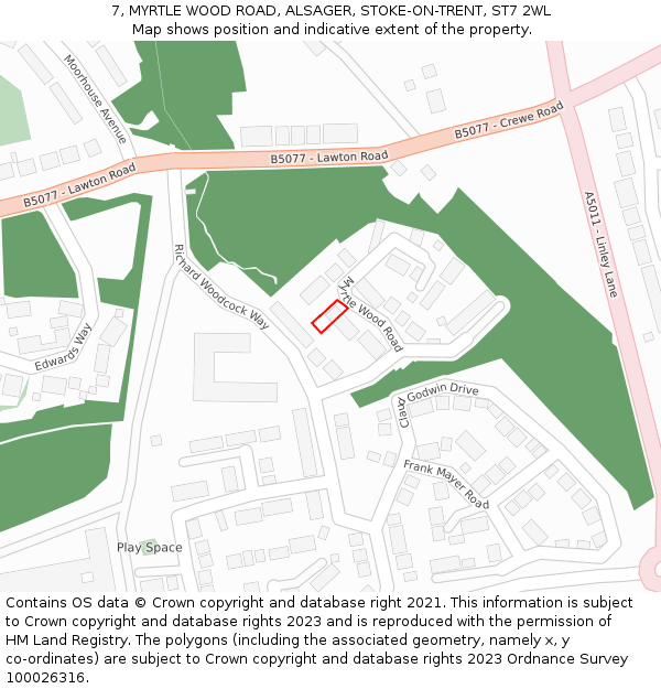 7, MYRTLE WOOD ROAD, ALSAGER, STOKE-ON-TRENT, ST7 2WL: Location map and indicative extent of plot