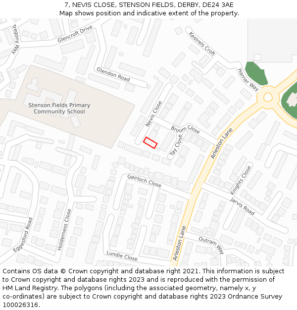 7, NEVIS CLOSE, STENSON FIELDS, DERBY, DE24 3AE: Location map and indicative extent of plot