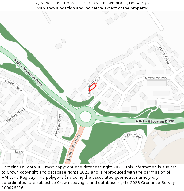 7, NEWHURST PARK, HILPERTON, TROWBRIDGE, BA14 7QU: Location map and indicative extent of plot