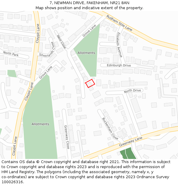 7, NEWMAN DRIVE, FAKENHAM, NR21 8AN: Location map and indicative extent of plot