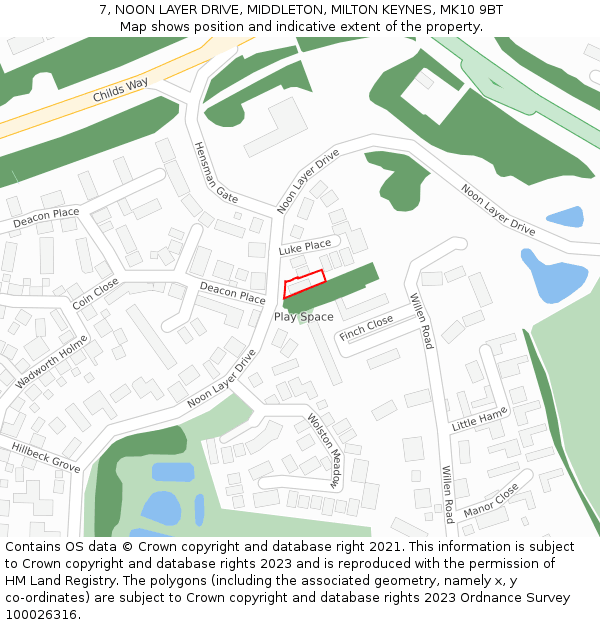 7, NOON LAYER DRIVE, MIDDLETON, MILTON KEYNES, MK10 9BT: Location map and indicative extent of plot