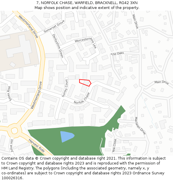 7, NORFOLK CHASE, WARFIELD, BRACKNELL, RG42 3XN: Location map and indicative extent of plot