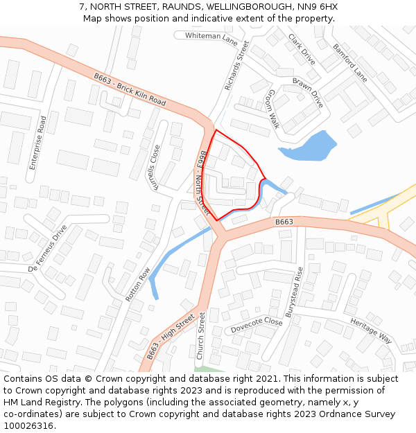 7, NORTH STREET, RAUNDS, WELLINGBOROUGH, NN9 6HX: Location map and indicative extent of plot