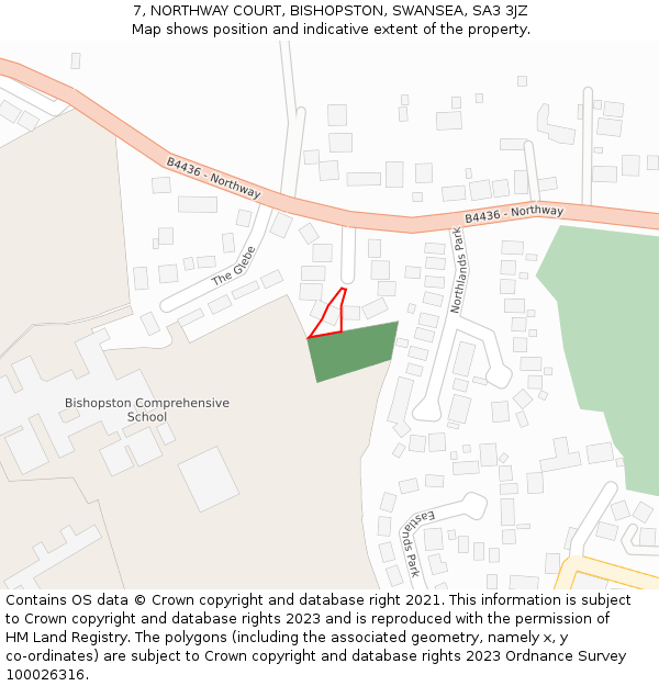 7, NORTHWAY COURT, BISHOPSTON, SWANSEA, SA3 3JZ: Location map and indicative extent of plot