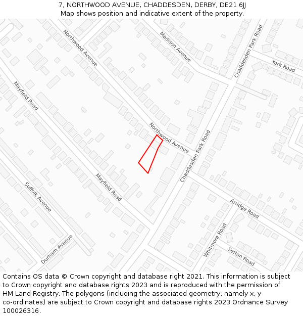 7, NORTHWOOD AVENUE, CHADDESDEN, DERBY, DE21 6JJ: Location map and indicative extent of plot