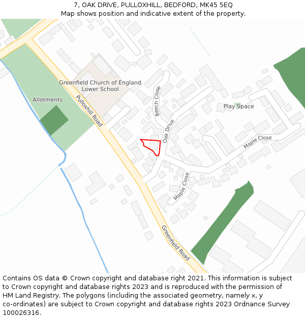 7, OAK DRIVE, PULLOXHILL, BEDFORD, MK45 5EQ: Location map and indicative extent of plot