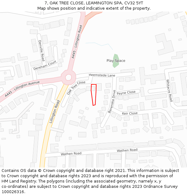 7, OAK TREE CLOSE, LEAMINGTON SPA, CV32 5YT: Location map and indicative extent of plot