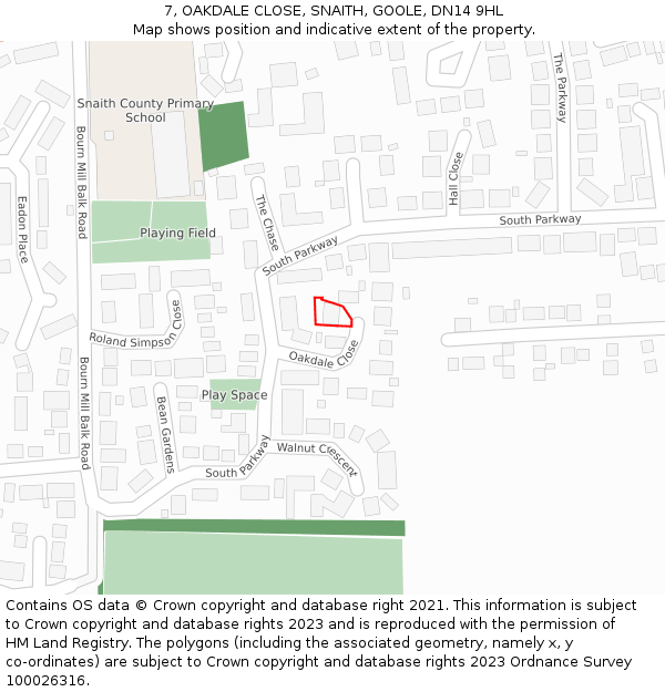 7, OAKDALE CLOSE, SNAITH, GOOLE, DN14 9HL: Location map and indicative extent of plot