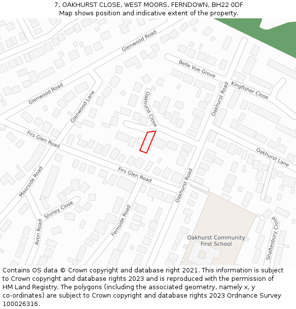 7, OAKHURST CLOSE, WEST MOORS, FERNDOWN, BH22 0DF: Location map and indicative extent of plot