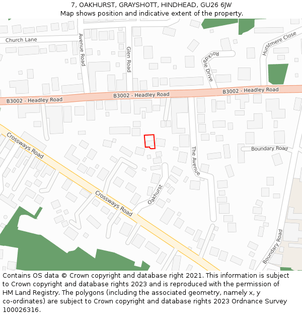 7, OAKHURST, GRAYSHOTT, HINDHEAD, GU26 6JW: Location map and indicative extent of plot