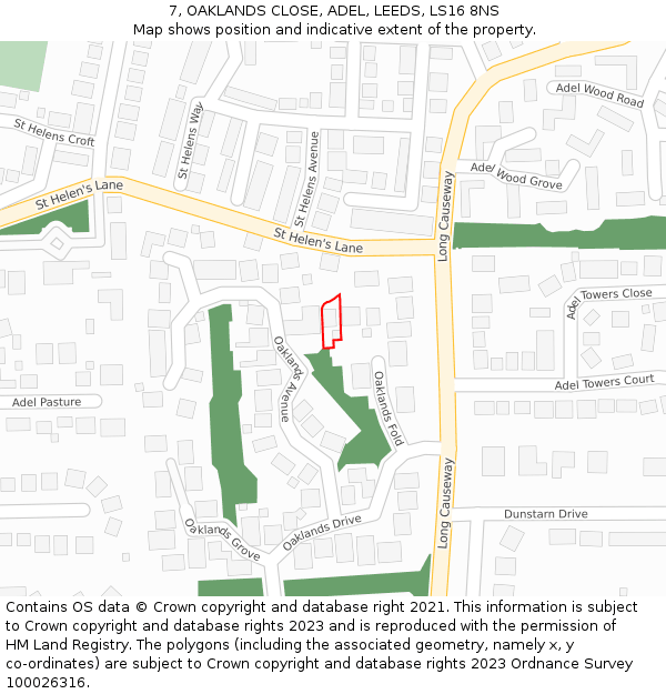 7, OAKLANDS CLOSE, ADEL, LEEDS, LS16 8NS: Location map and indicative extent of plot