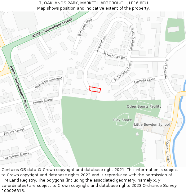 7, OAKLANDS PARK, MARKET HARBOROUGH, LE16 8EU: Location map and indicative extent of plot
