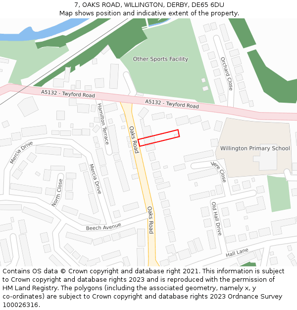 7, OAKS ROAD, WILLINGTON, DERBY, DE65 6DU: Location map and indicative extent of plot