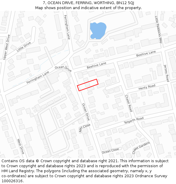 7, OCEAN DRIVE, FERRING, WORTHING, BN12 5QJ: Location map and indicative extent of plot