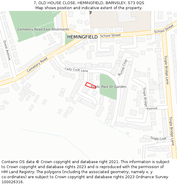 7, OLD HOUSE CLOSE, HEMINGFIELD, BARNSLEY, S73 0QS: Location map and indicative extent of plot