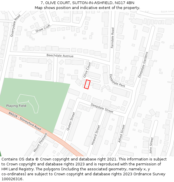 7, OLIVE COURT, SUTTON-IN-ASHFIELD, NG17 4BN: Location map and indicative extent of plot