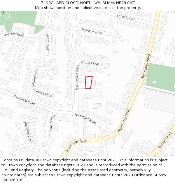 7, ORCHARD CLOSE, NORTH WALSHAM, NR28 0AZ: Location map and indicative extent of plot