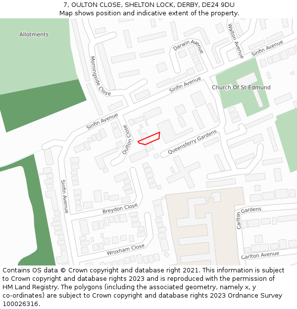 7, OULTON CLOSE, SHELTON LOCK, DERBY, DE24 9DU: Location map and indicative extent of plot
