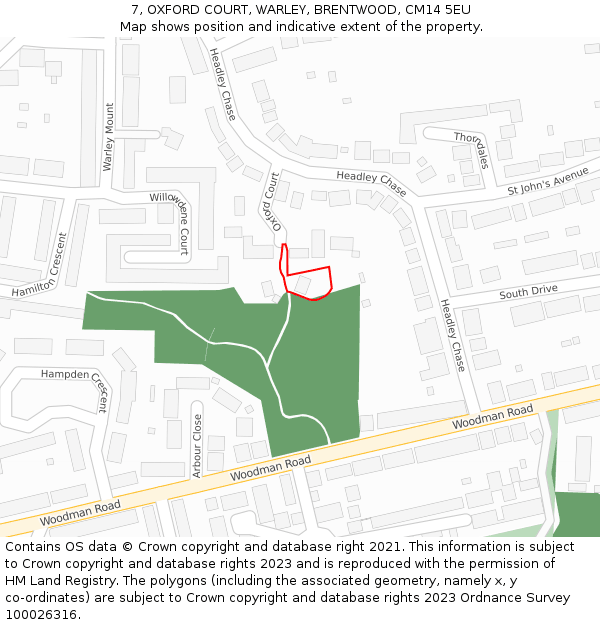 7, OXFORD COURT, WARLEY, BRENTWOOD, CM14 5EU: Location map and indicative extent of plot