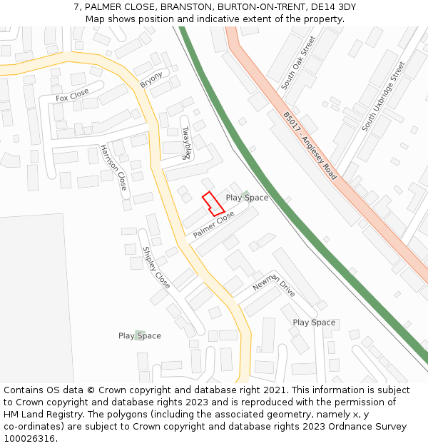 7, PALMER CLOSE, BRANSTON, BURTON-ON-TRENT, DE14 3DY: Location map and indicative extent of plot