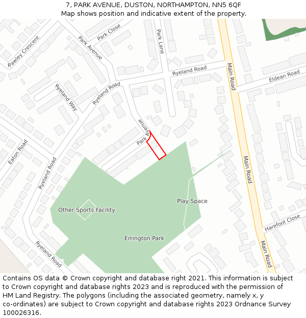 7, PARK AVENUE, DUSTON, NORTHAMPTON, NN5 6QF: Location map and indicative extent of plot
