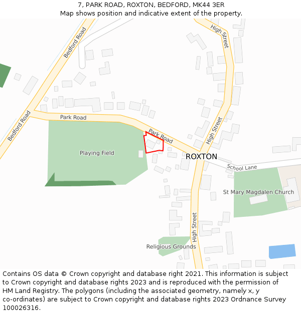 7, PARK ROAD, ROXTON, BEDFORD, MK44 3ER: Location map and indicative extent of plot