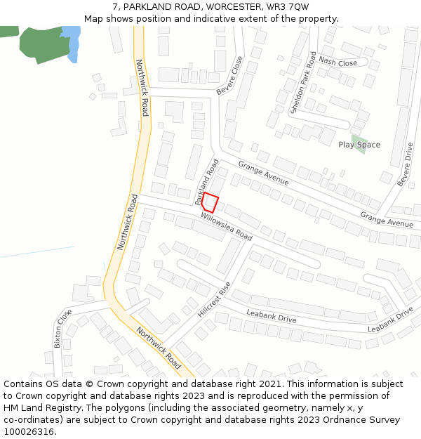 7, PARKLAND ROAD, WORCESTER, WR3 7QW: Location map and indicative extent of plot