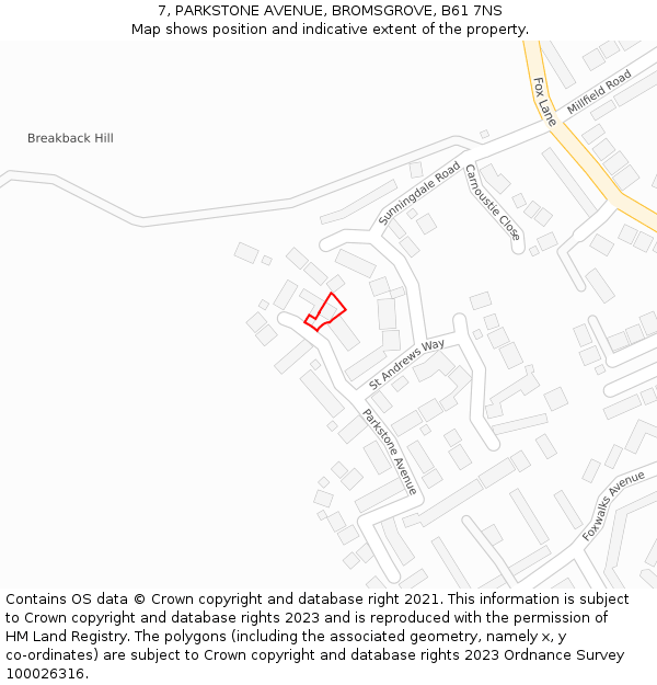 7, PARKSTONE AVENUE, BROMSGROVE, B61 7NS: Location map and indicative extent of plot