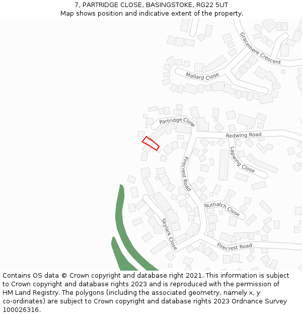 7, PARTRIDGE CLOSE, BASINGSTOKE, RG22 5UT: Location map and indicative extent of plot