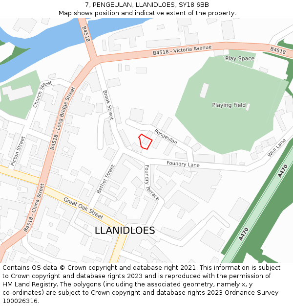 7, PENGEULAN, LLANIDLOES, SY18 6BB: Location map and indicative extent of plot