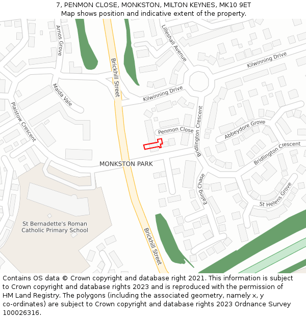 7, PENMON CLOSE, MONKSTON, MILTON KEYNES, MK10 9ET: Location map and indicative extent of plot