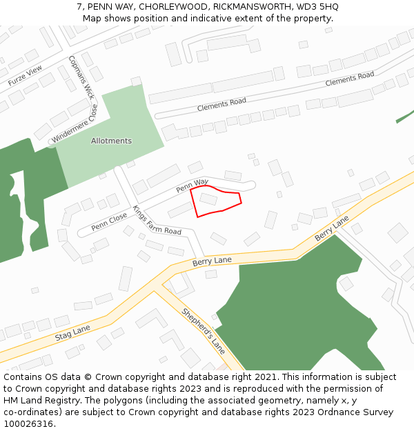 7, PENN WAY, CHORLEYWOOD, RICKMANSWORTH, WD3 5HQ: Location map and indicative extent of plot