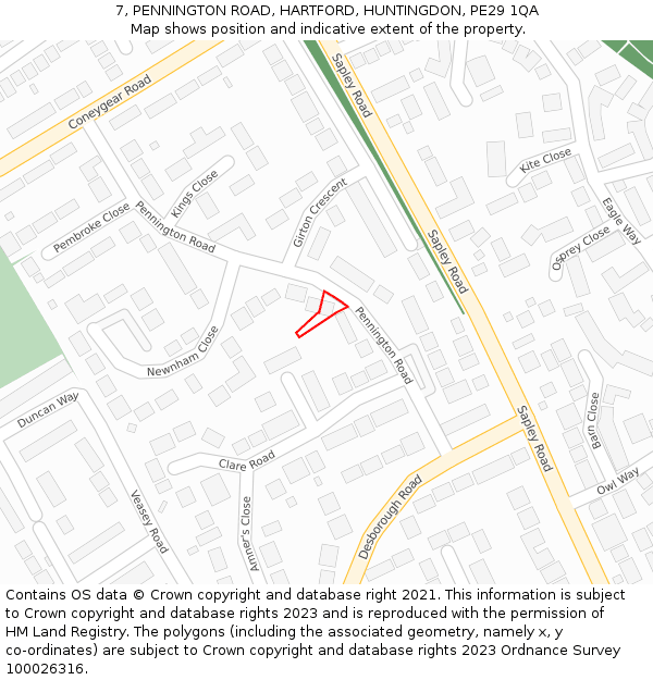7, PENNINGTON ROAD, HARTFORD, HUNTINGDON, PE29 1QA: Location map and indicative extent of plot