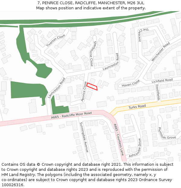 7, PENRICE CLOSE, RADCLIFFE, MANCHESTER, M26 3UL: Location map and indicative extent of plot
