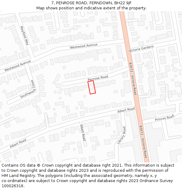 7, PENROSE ROAD, FERNDOWN, BH22 9JF: Location map and indicative extent of plot