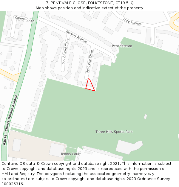 7, PENT VALE CLOSE, FOLKESTONE, CT19 5LQ: Location map and indicative extent of plot