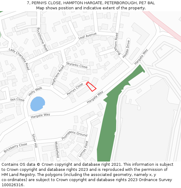 7, PERNYS CLOSE, HAMPTON HARGATE, PETERBOROUGH, PE7 8AL: Location map and indicative extent of plot